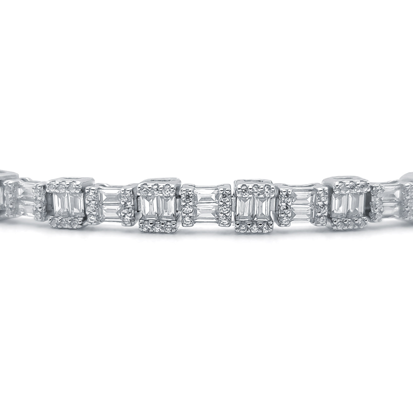 Silver  Baguette CZ Alternating Horizontal Vertical Bracelet 7" - ABB196