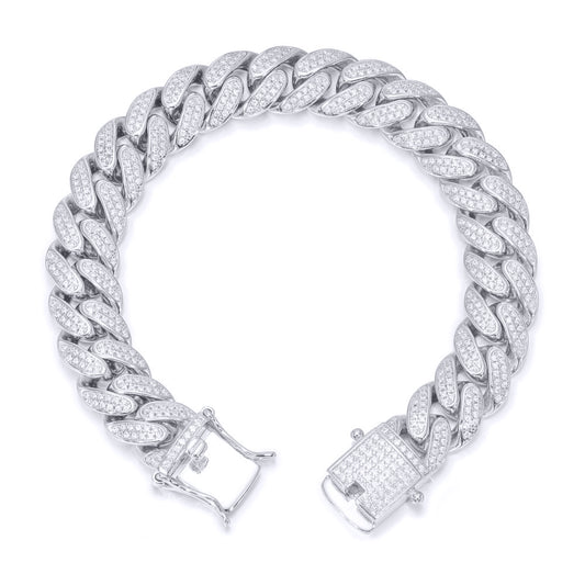 Silver  Round CZ Encrusted Cuban Curb 12mm Chain Bracelet - ABB199-7.5