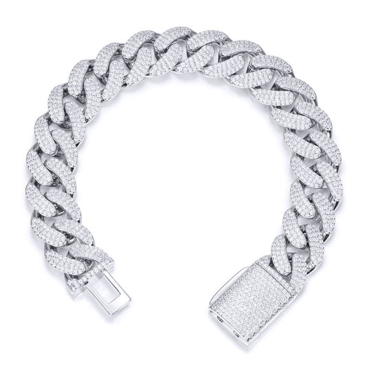 Men's Silver  CZ Encrusted Cuban Curb 14mm Chain Bracelet 2½oz - ABB200-9