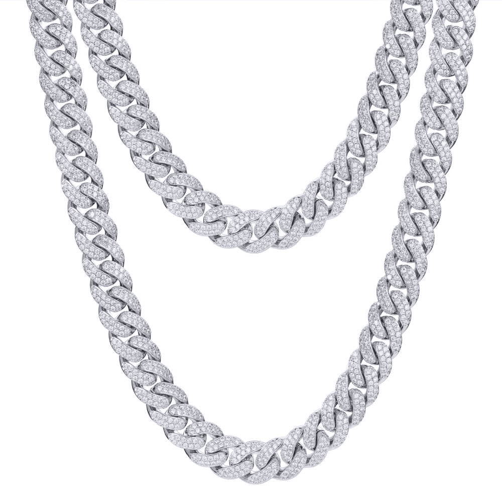 Men's Silver  Round CZ Encrusted Cuban Curb 14mm Chain Necklace - ABB200