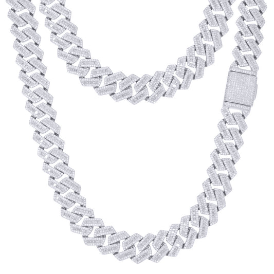 Men's Silver  Baguette CZ Square Curb 16mm Chain Necklace - ABB204