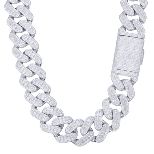 Men's Silver  Baguette CZ Encrusted Square Curb Chain Necklace - ABB205