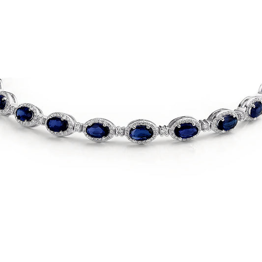 Silver  Blue Oval CZ Alternating Halo Tennis Necklace - ABB212-16