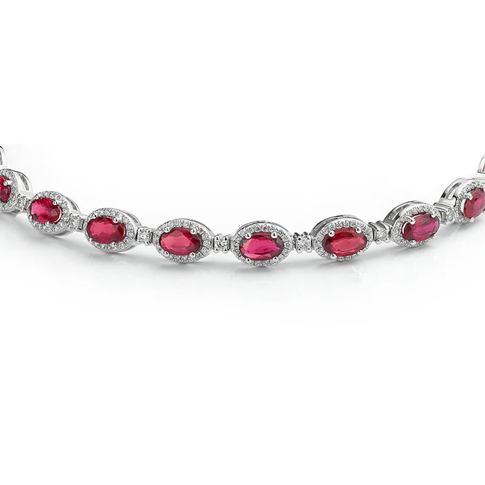 Silver  Red Oval CZ Alternating Halo Tennis Necklace - ABB213-16