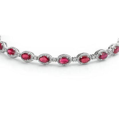 Silver  Red Oval CZ Alternating Halo Tennis Bracelet - ABB213-7.5