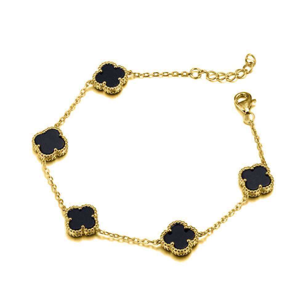 Gold-plated Silver  Black Clover Onyx Lucky Charm Bracelet 7-8.5" - ABB221-GP