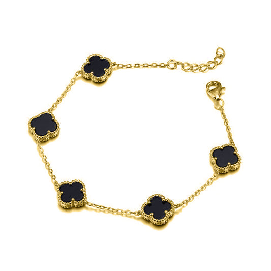 Gold-plated Silver  Black Clover Onyx Lucky Charm Bracelet 7-8.5" - ABB221-GP