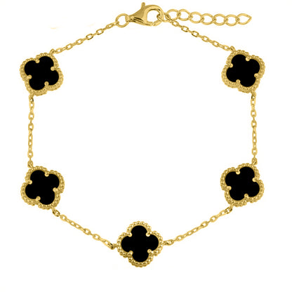 Gold-plated Silver  Black Clover Onyx Lucky Charm Bracelet 7-8.5" - ABB221-GP