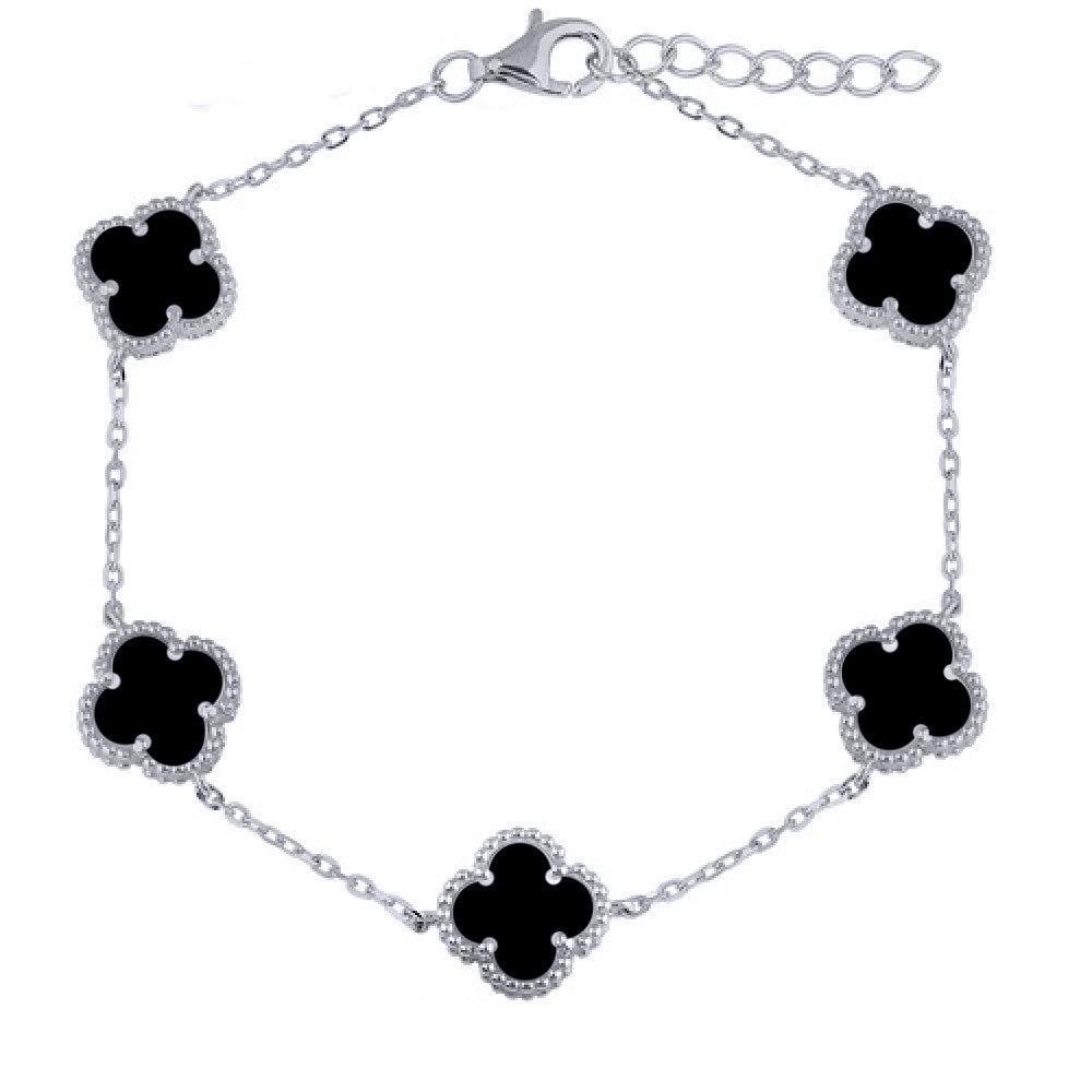 Silver  Black Clover Onyx Lucky Charm 5 Bracelet 7-8.5" - ABB221