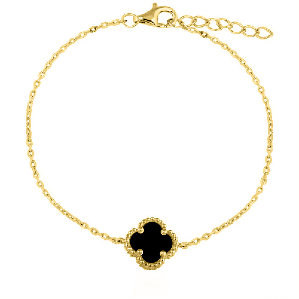 Gold-plated Silver  Black Clover Onyx Lucky Charm Bracelet 7-8.5" - ABB223-GP