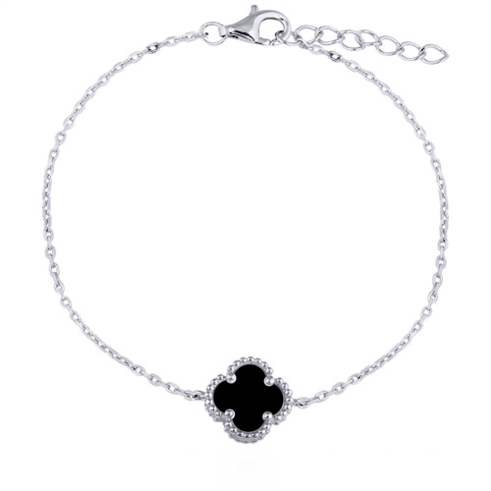 Silver  Black Clover Onyx Lucky Charm Bracelet 7-8.5" - ABB223