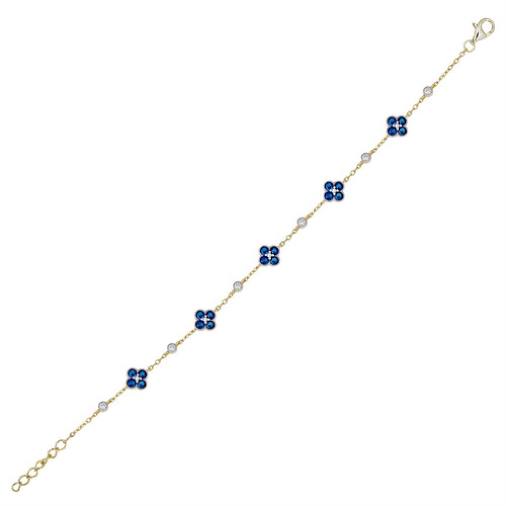 Gold-plated Silver  Blue CZ Bead Edge Lucky Charm Station Bracelet - ABB225B