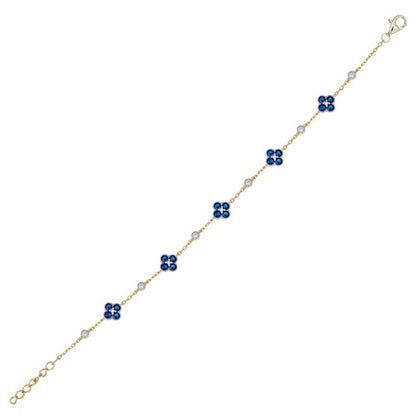 Gold-plated Silver  Blue CZ Bead Edge Lucky Charm Station Bracelet - ABB225B