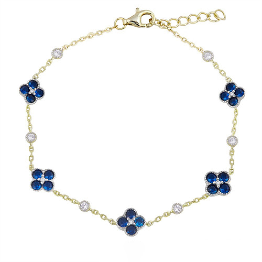 Gold-plated Silver  Blue CZ Bead Edge Lucky Charm Station Bracelet - ABB225B