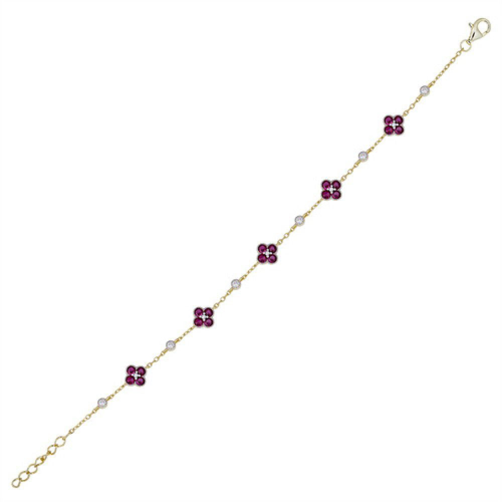 Gold-plated Silver  Red CZ Bead Edge Lucky Charm Station Bracelet - ABB225R