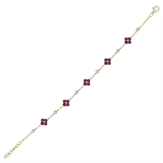 Gold-plated Silver  Red CZ Bead Edge Lucky Charm Station Bracelet - ABB225R
