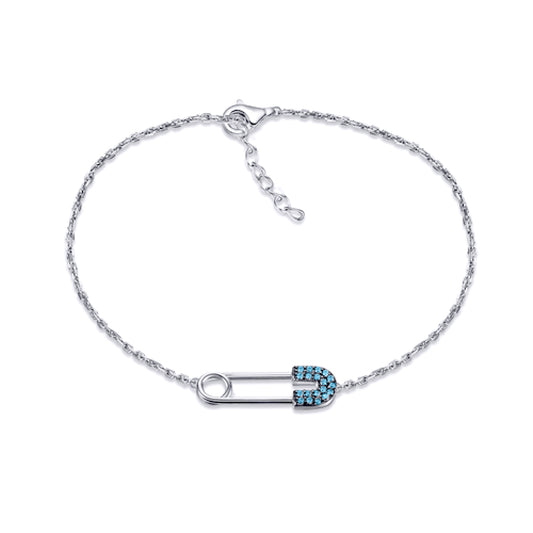 Silver  Round Light Blue CZ Safety Pin Charm Bracelet - ABB226