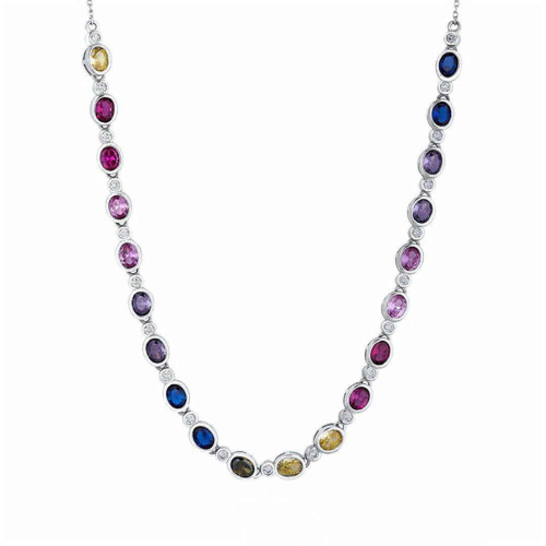 Silver  Rainbow Oval CZ Bezel Halo Raindrop Tennis Necklace - ABB229-17