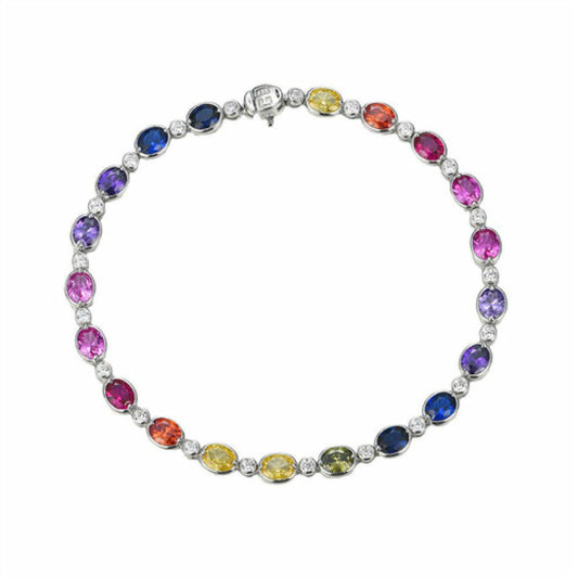Silver  Rainbow Oval CZ Bezel Halo Raindrop Tennis Bracelet - ABB229-7.5