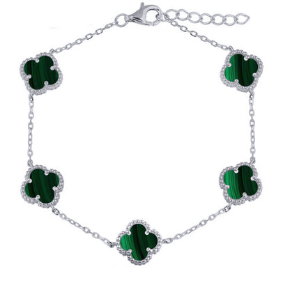 Silver  Green Clover Malachite Lucky Charm 5 Bracelet 7-8.5" - ABB232