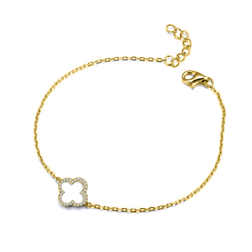 Gold-plated Silver  CZ Clover Halo Lucky Charm Bracelet 7-8.5" - ABB235-GP