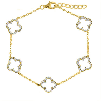 Gold-plated Silver  CZ Clover Halo Lucky Charm 5 Bracelet 7-8.5" - ABB236-GP