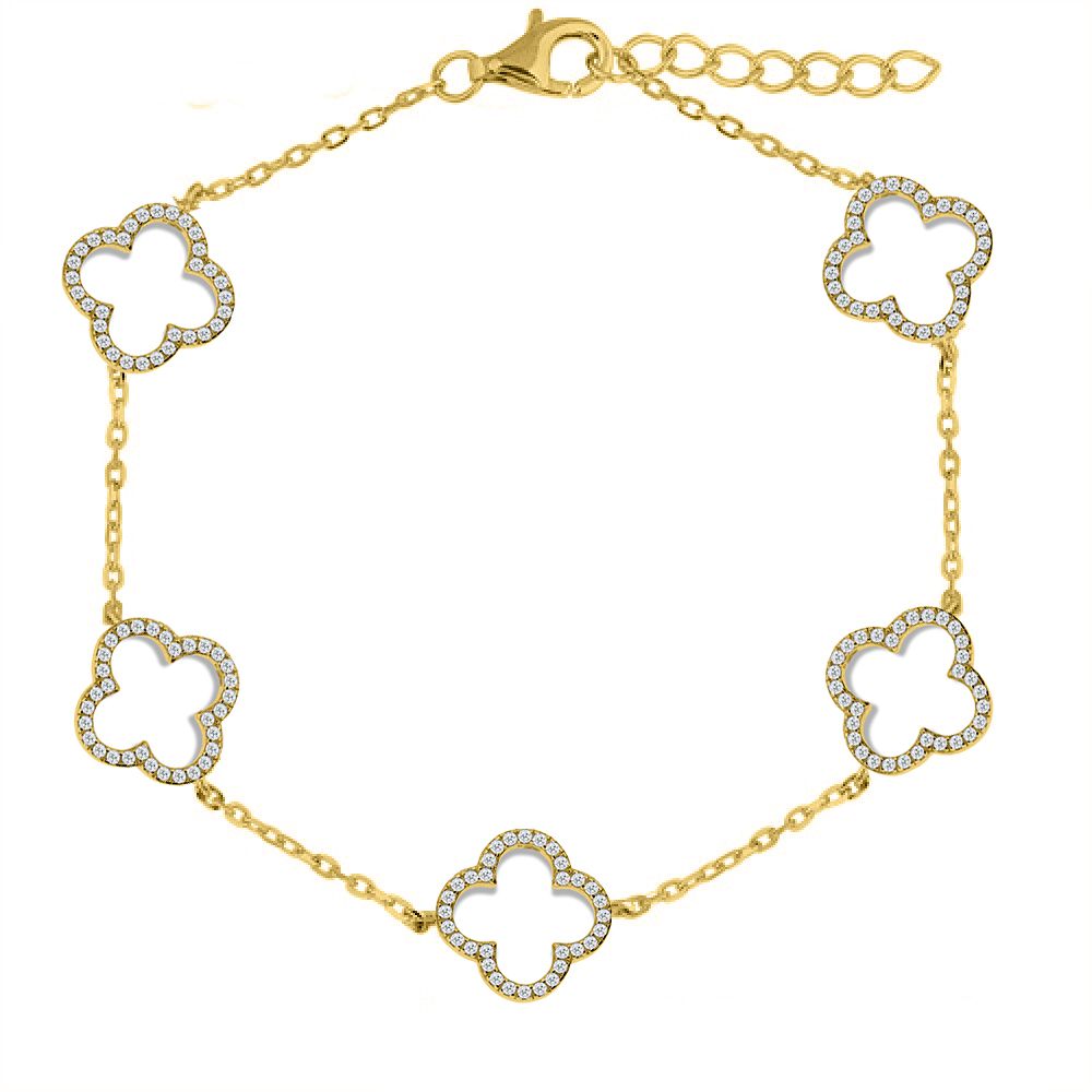 Gold-plated Silver  CZ Clover Halo Lucky Charm 5 Bracelet 7-8.5" - ABB236-GP