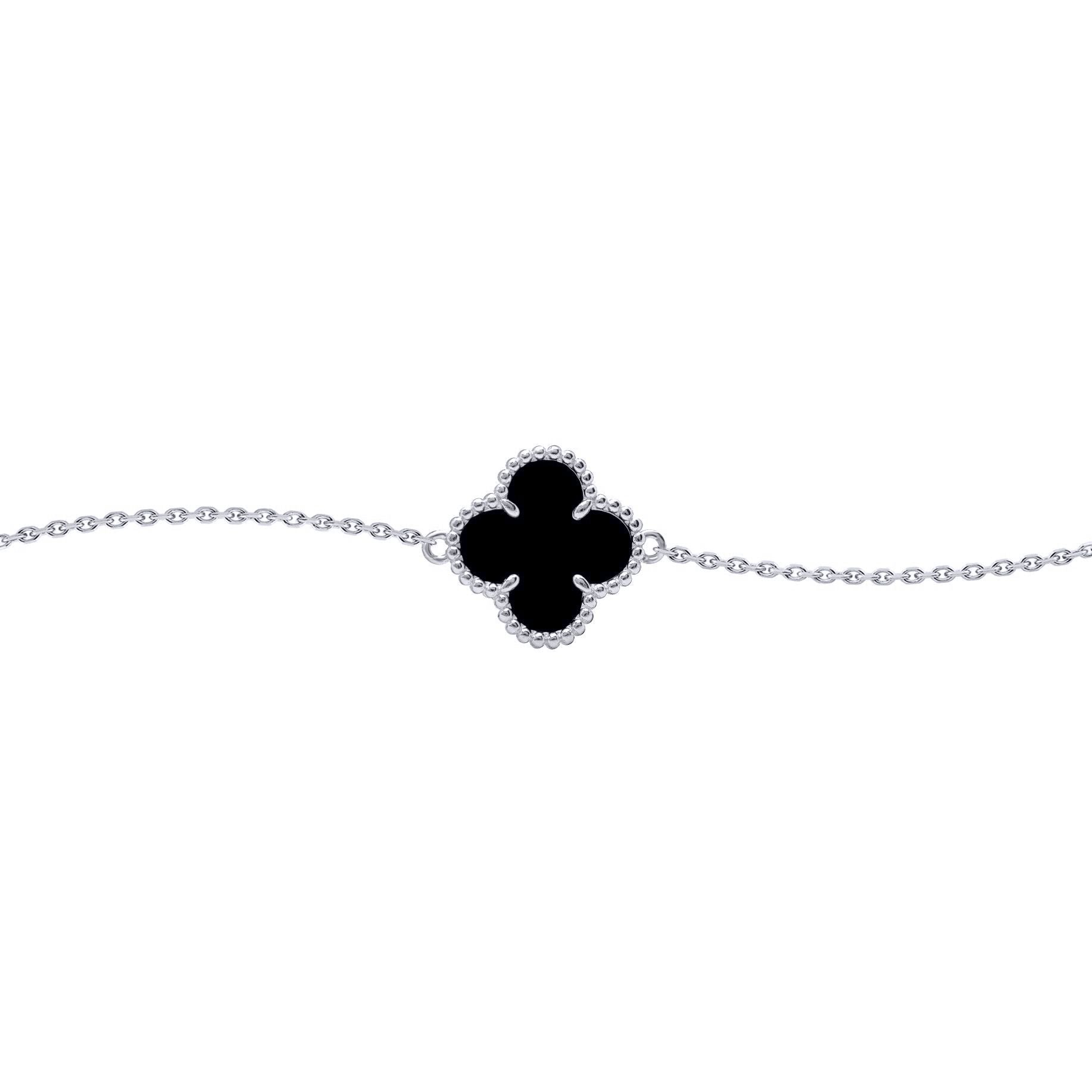 Silver  Black Clover Onyx Lucky Charm Bracelet 7-8.5" - ABB237