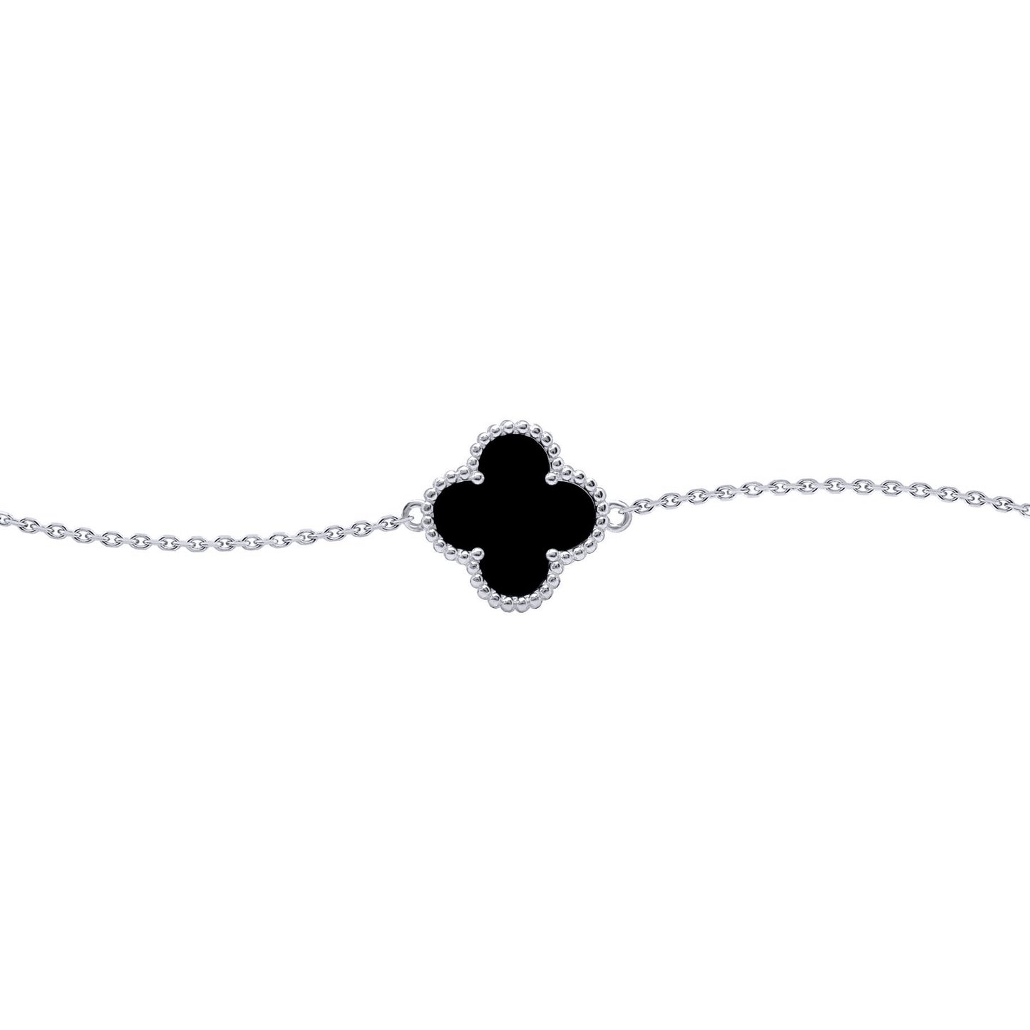 Silver  Black Clover Onyx Lucky Charm Bracelet 7-8.5" - ABB237
