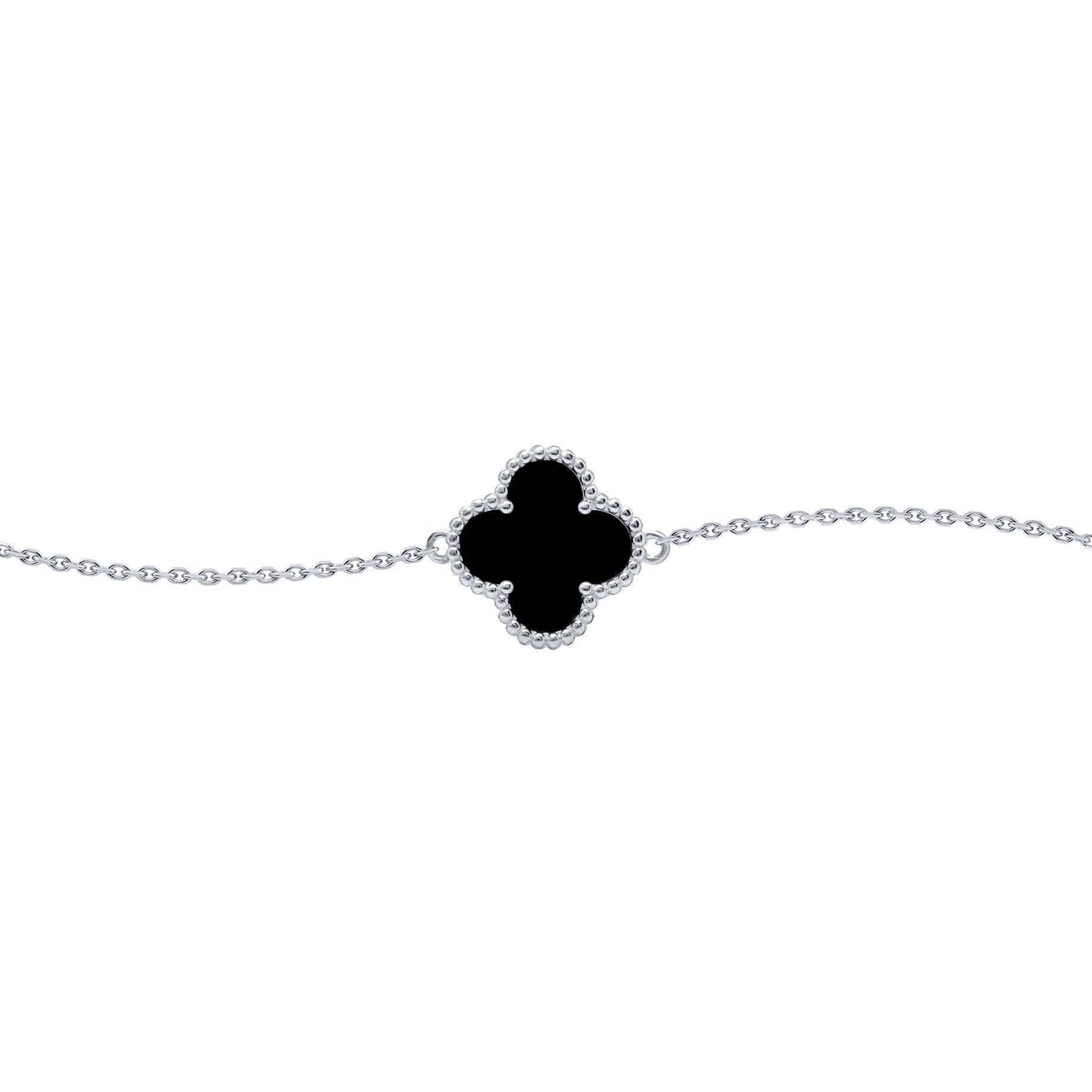 Silver  Black Clover Onyx Lucky Charm Bracelet 7-8.5" - ABB237