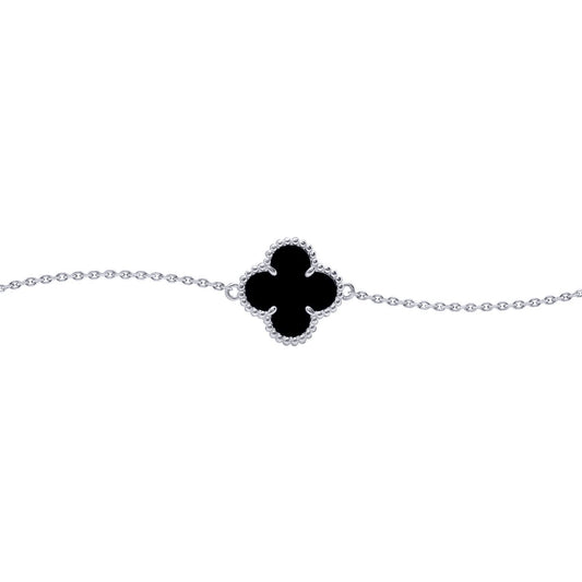 Silver  Black Clover Onyx Lucky Charm Bracelet 7-8.5" - ABB237
