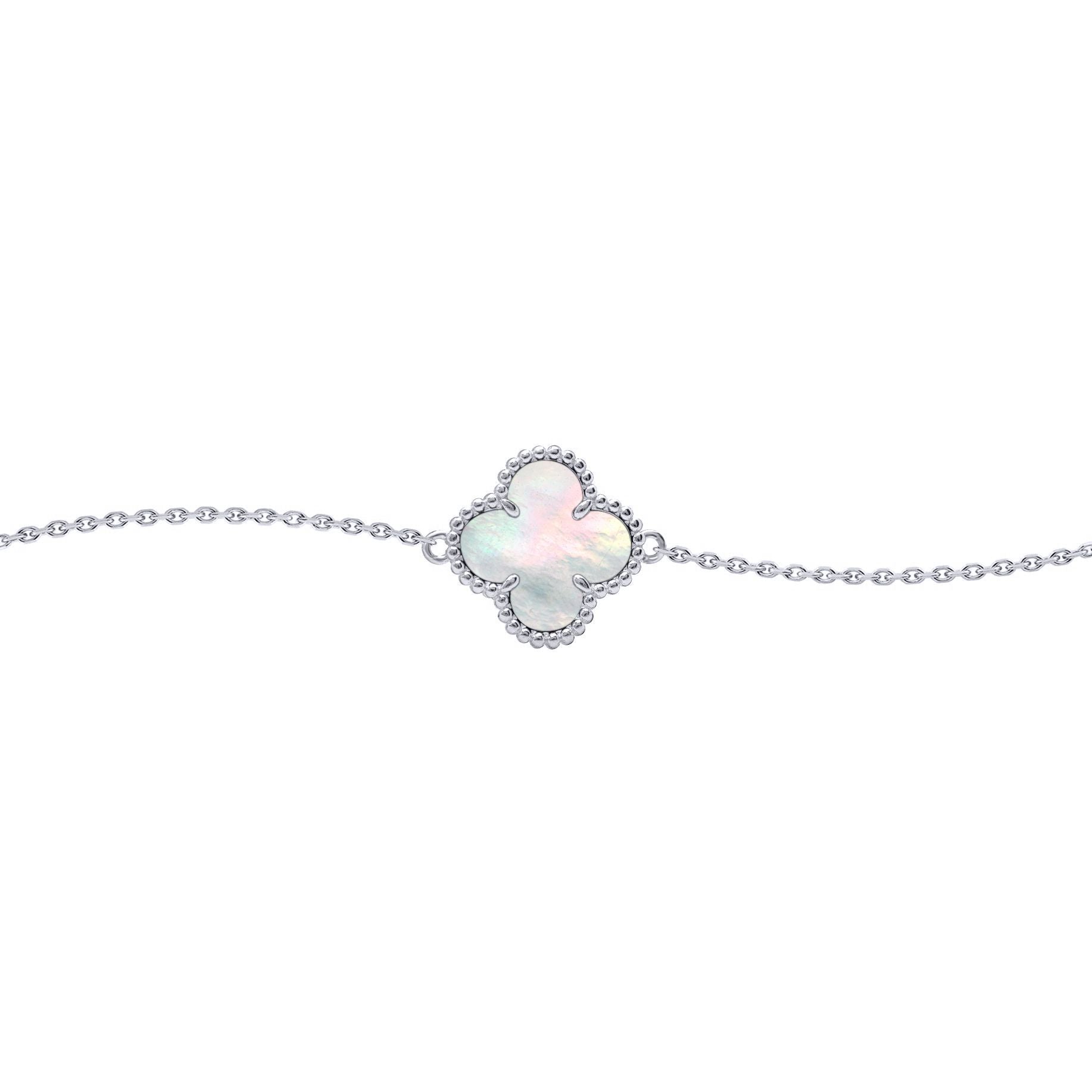 Silver  Clover Mother of Pearl Lucky Charm Bracelet 7-8.5" - ABB238