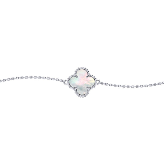 Silver  Clover Mother of Pearl Lucky Charm Bracelet 7-8.5" - ABB238