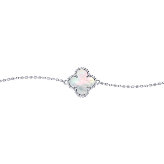 Silver  Clover Mother of Pearl Lucky Charm Bracelet 7-8.5" - ABB238