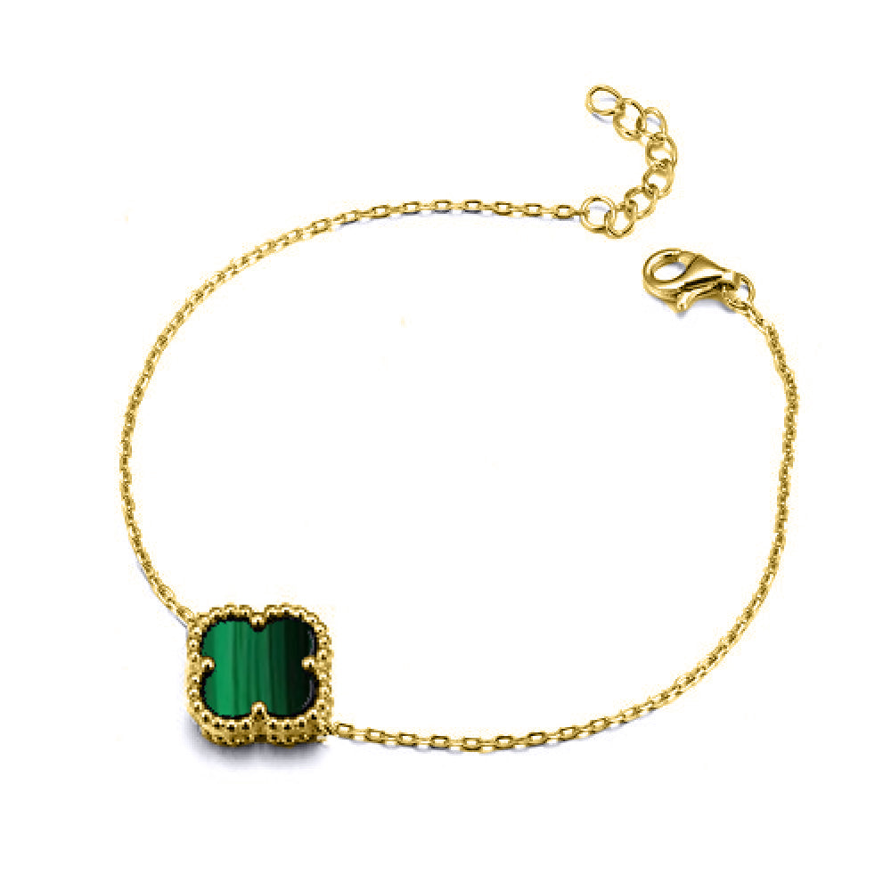 Gold-plated Silver  Green Clover Malachite Charm Bracelet 7-8.5" - ABB240-GP