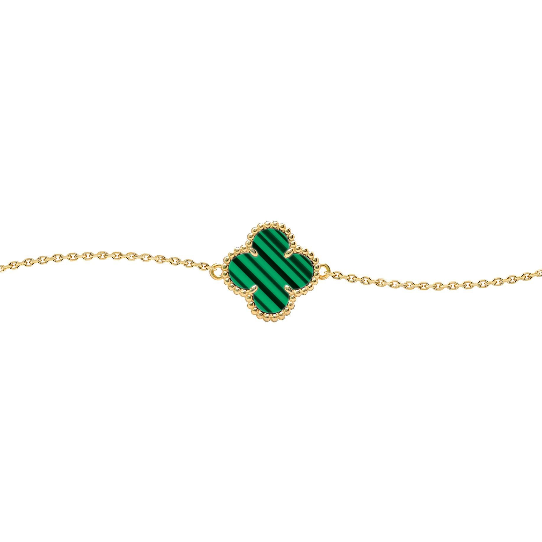 Gold-plated Silver  Green Clover Malachite Charm Bracelet 7-8.5" - ABB240-GP