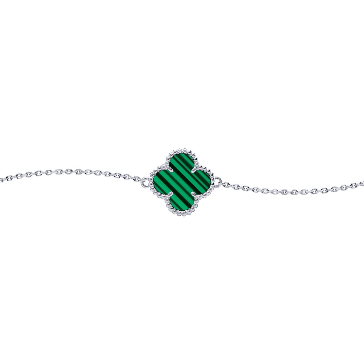 Silver  Green Clover Malachite Lucky Charm Bracelet 7-8.5" - ABB240