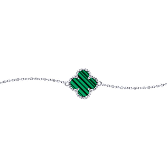 Silver  Green Clover Malachite Lucky Charm Bracelet 7-8.5" - ABB240