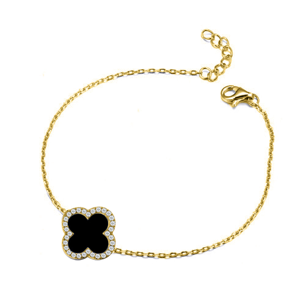 Gold-plated Silver  Black Clover Onyx CZ Charm Bracelet 7-8.5" - ABB241-GP