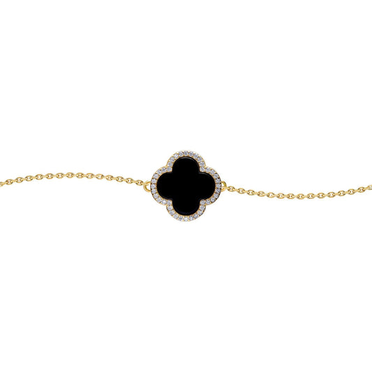 Gold-plated Silver  Black Clover Onyx CZ Charm Bracelet 7-8.5" - ABB241-GP