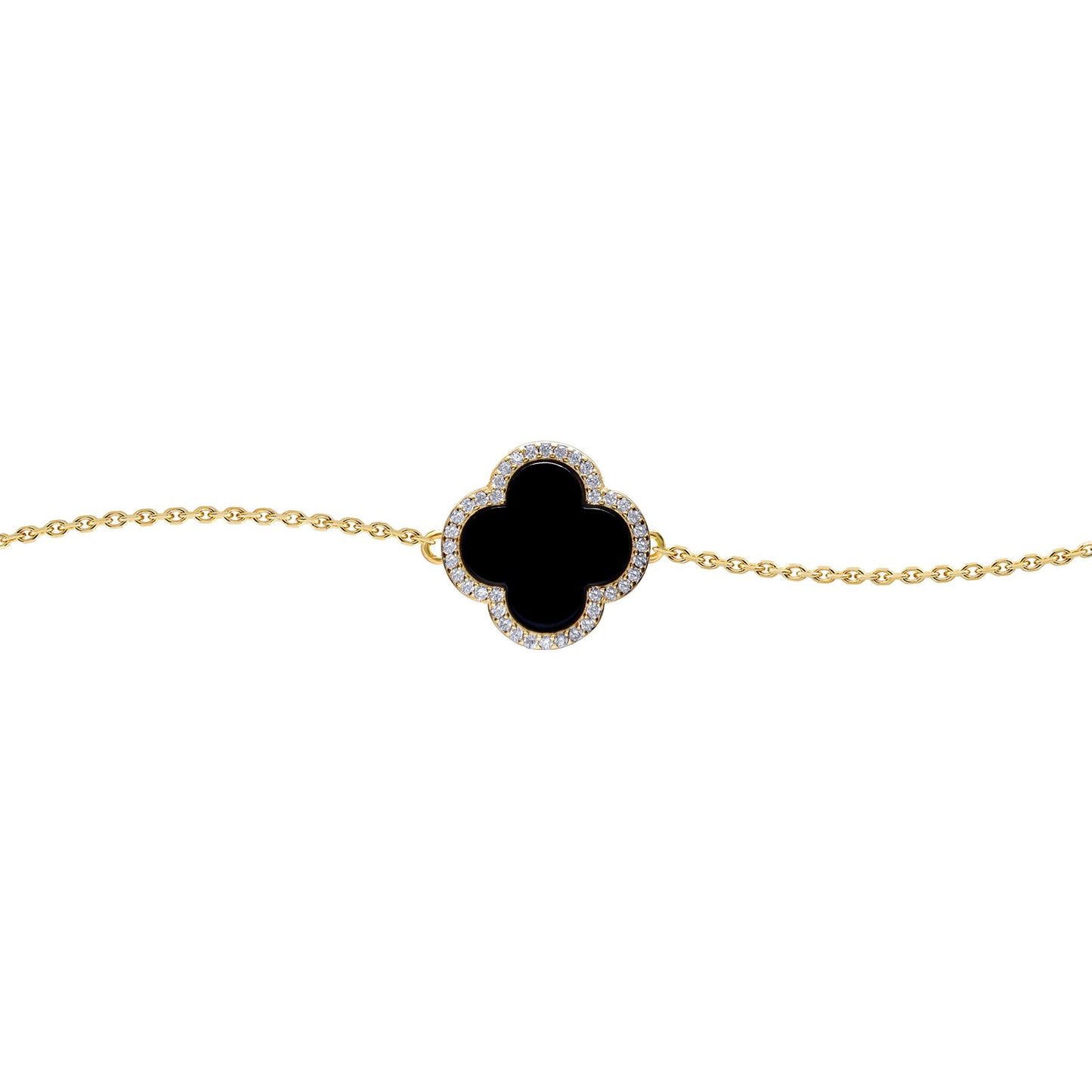 Gold-plated Silver  Black Clover Onyx CZ Charm Bracelet 7-8.5" - ABB241-GP