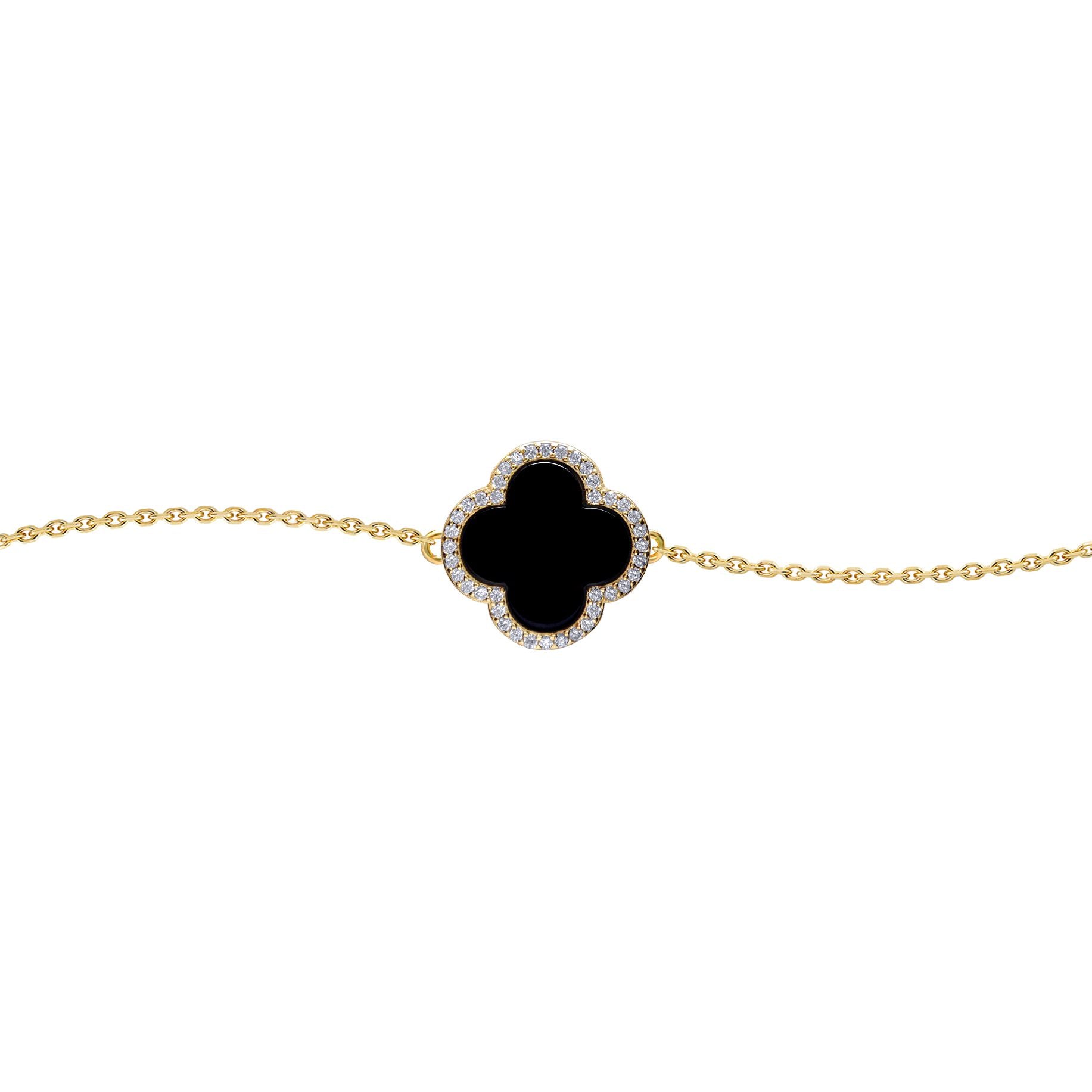 Gold-plated Silver  Black Clover Onyx CZ Charm Bracelet 7-8.5" - ABB241-GP