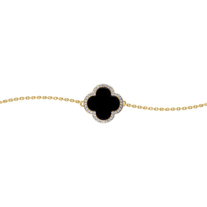 Gold-plated Silver  Black Clover Onyx CZ Charm Bracelet 7-8.5" - ABB241-GP