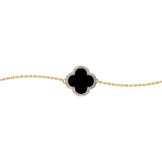 Gold-plated Silver  Black Clover Onyx CZ Charm Bracelet 7-8.5" - ABB241-GP