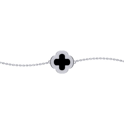 Silver  Black Clover Onyx CZ Halo Lucky Charm Bracelet 7-8.5" - ABB241