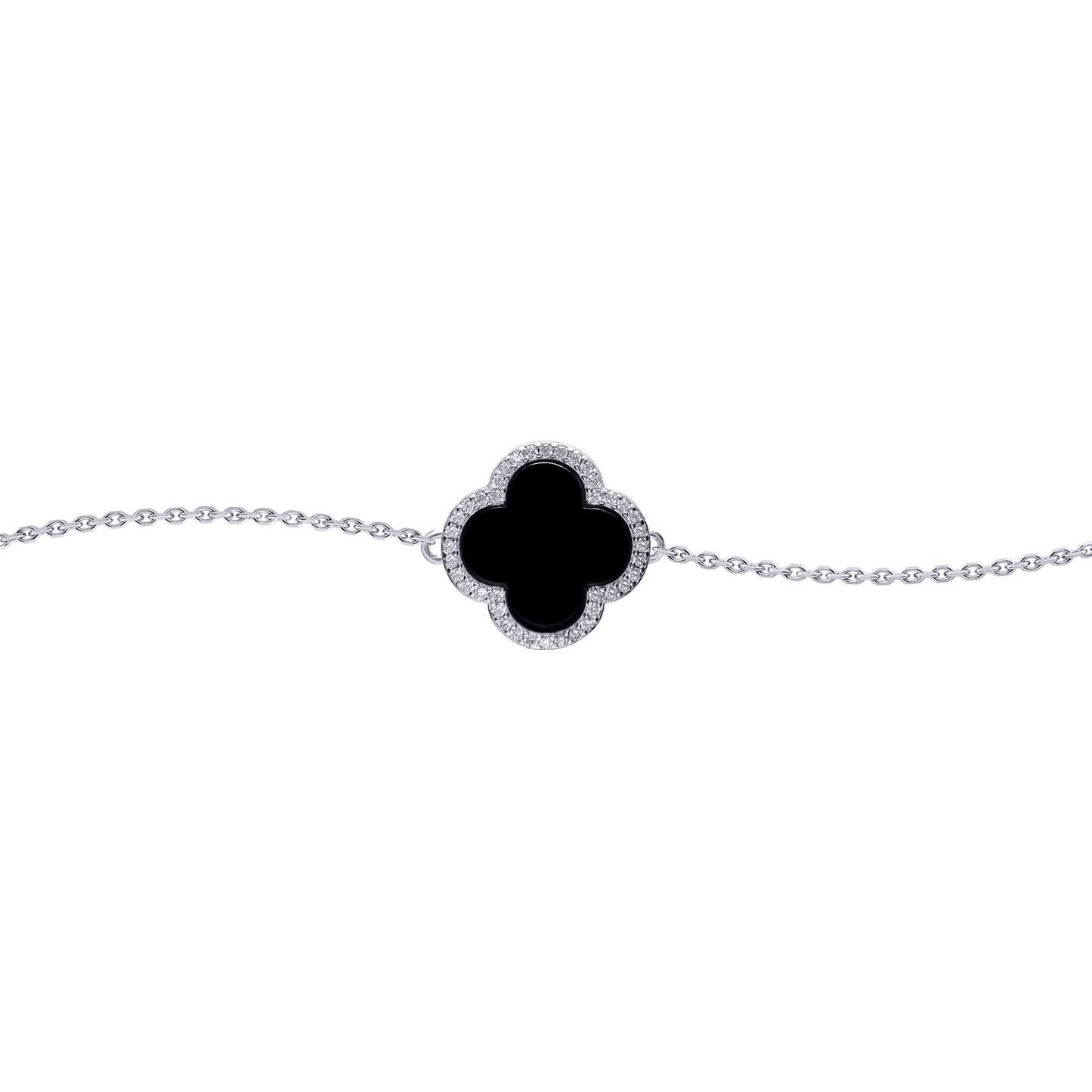 Silver  Black Clover Onyx CZ Halo Lucky Charm Bracelet 7-8.5" - ABB241