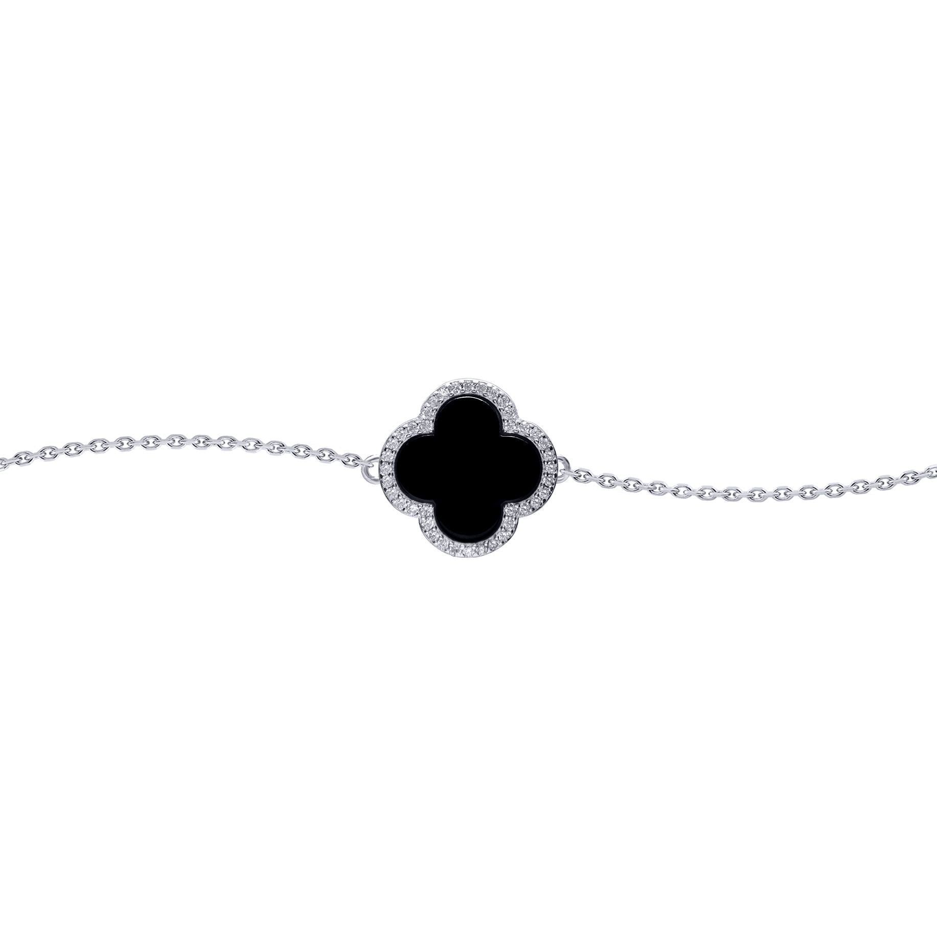 Silver  Black Clover Onyx CZ Halo Lucky Charm Bracelet 7-8.5" - ABB241
