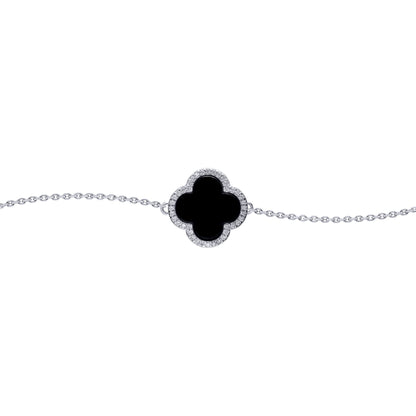 Silver  Black Clover Onyx CZ Halo Lucky Charm Bracelet 7-8.5" - ABB241