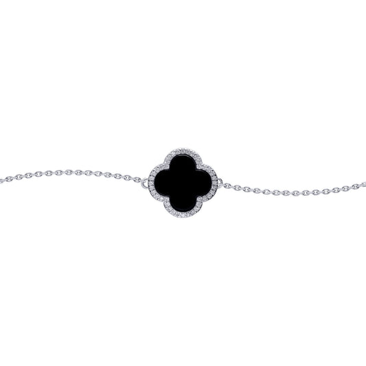 Silver  Black Clover Onyx CZ Halo Lucky Charm Bracelet 7-8.5" - ABB241