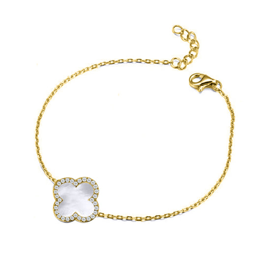 Gold-plated Silver  Clover Mother of Pearl CZ Bracelet 7-8.5" - ABB242-GP